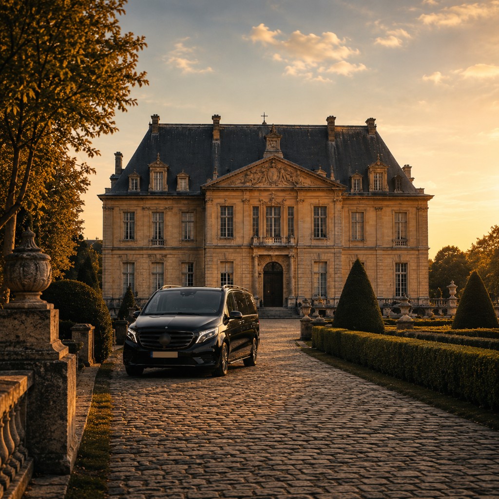 Mercedes Classe V excursion Fontainebleau depuis Paris — château de Napoléon au coucher de soleil