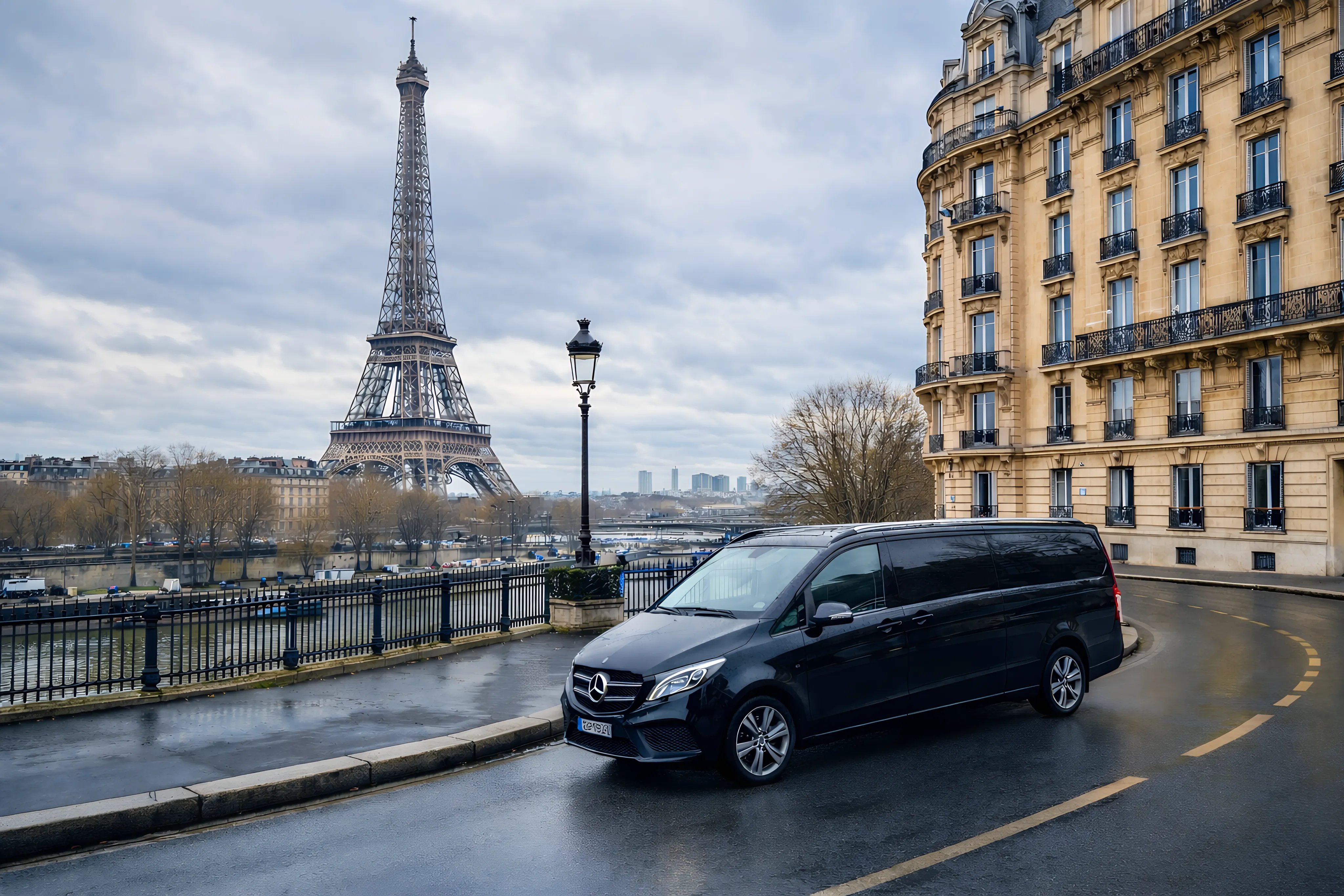 Mercedes V-Class devant un jet privé à l'aéroport du Bourget